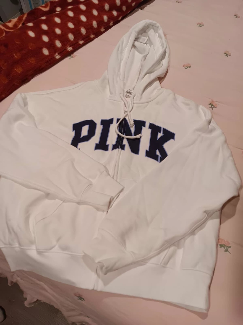 PINK Victoria's Secret White Zip-Up Hoodie with Navy Logo